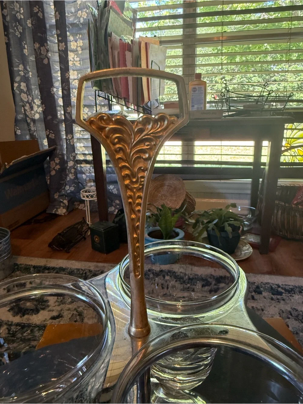 Vintage - MCM Kromex Glass Condiment Server - Gold Handle - chrome Stand